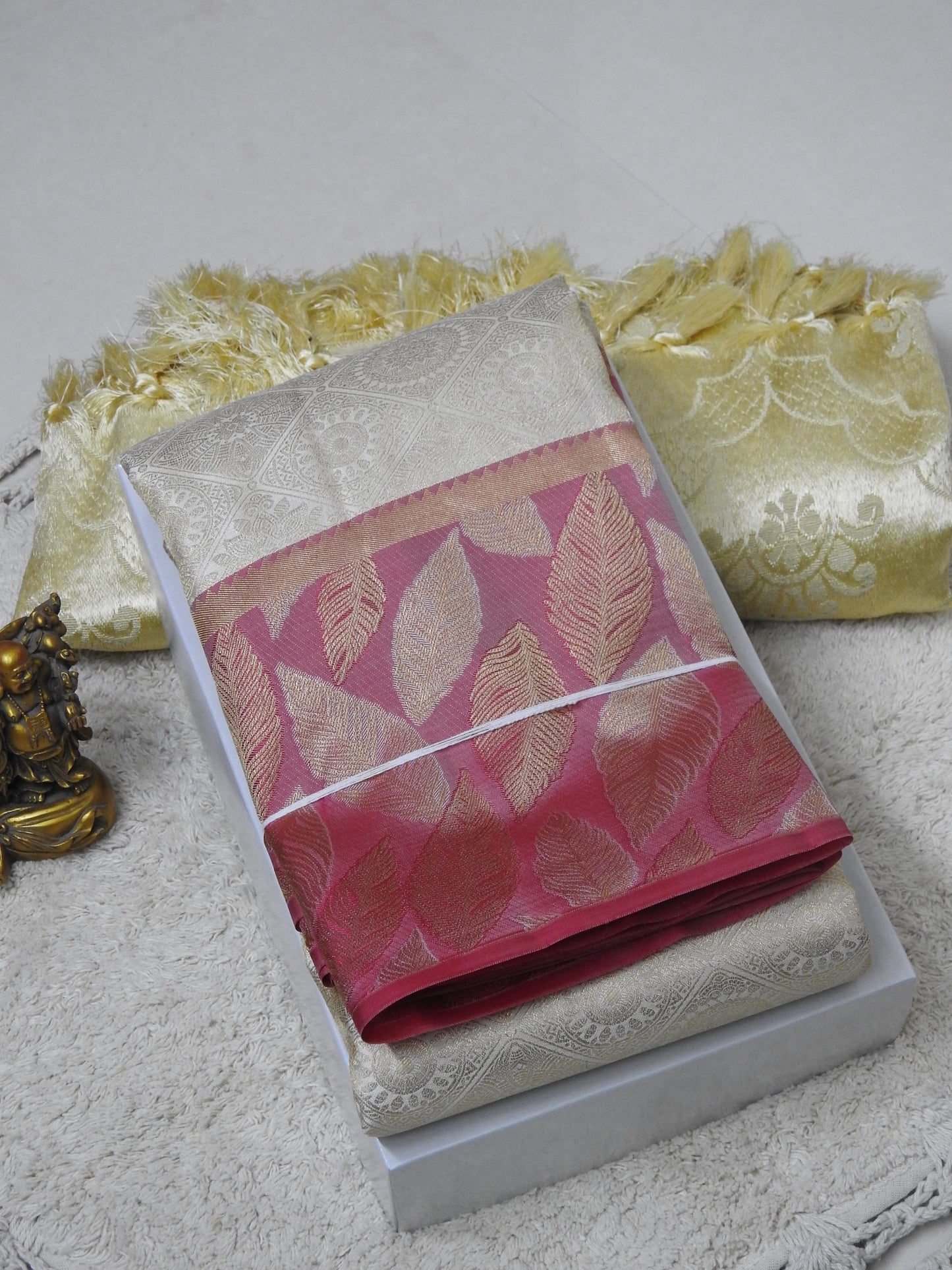 Pure silk with cross check leaf border