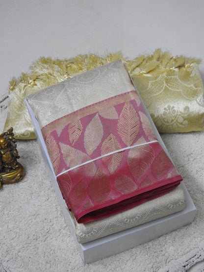 Pure silk with cross check leaf border