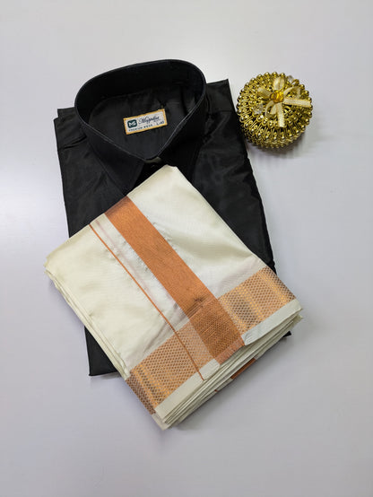 Premium Japan Silk Dhoti Set - Black & White with copper zari