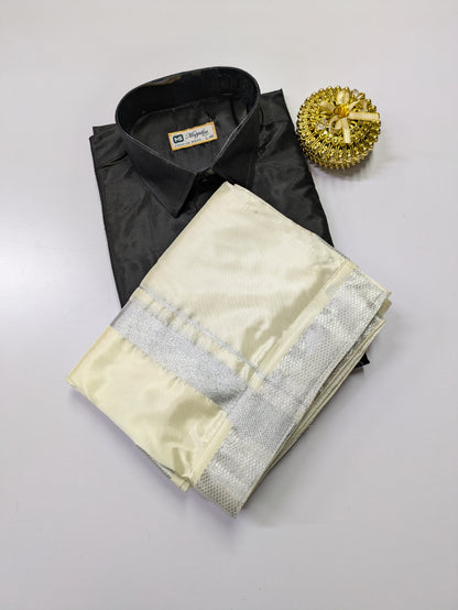 Premium Japan Silk Dhoti Set - Black & Off White