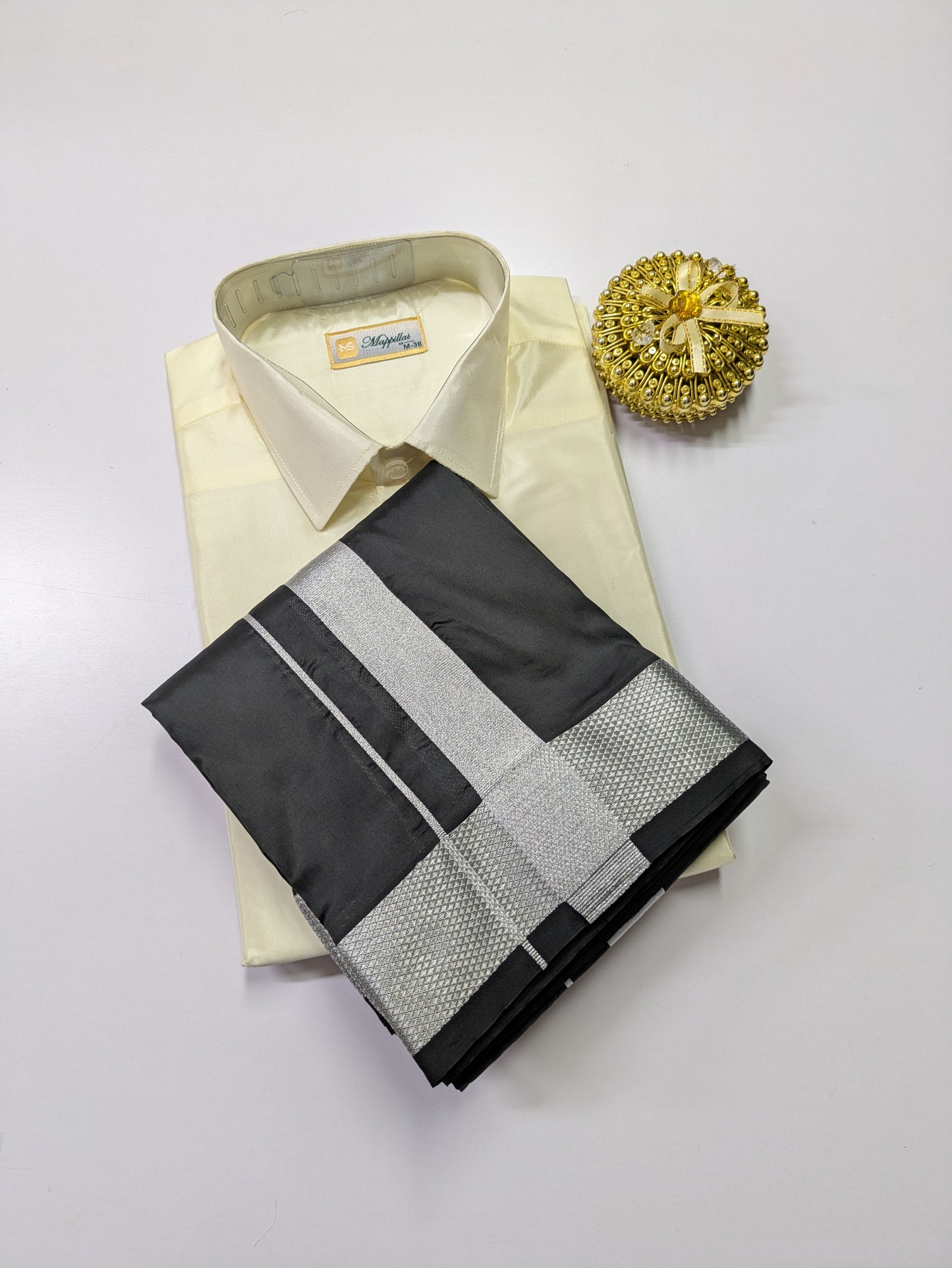 Premium Japan Silk Dhoti Set - Off white & black
