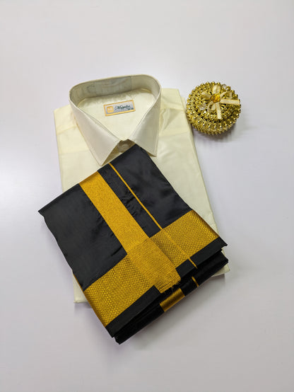 Premium Japan Silk Dhoti Set - White & Black with gold zari